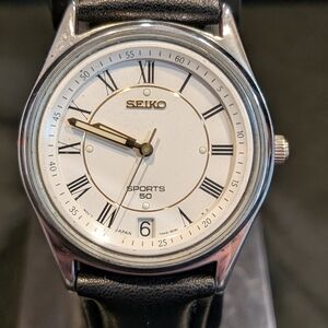 Seiko Sports 50 Watch with Black Leather Strap